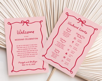 Fun Wedding Weekend Timeline, Whimsical Bow Wedding Schedule, Wavy Frame Order of Events Printable Template, Hand Drawn Digital, SN800_FP