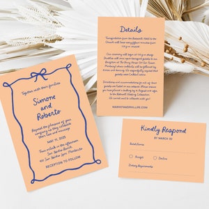 Ribbon Bow Wedding Invitation Suite, Peach Handwritten Details & RSVP, Whimsical Retro Invite Set with Wavy Scalloped Border, SN800_WS