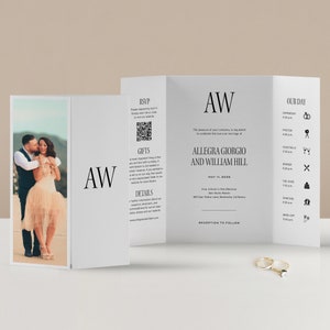 Invitación de boda plegable con monograma llamativo, Invitación plegada única, Puerta plegable con código QR de foto, Puerta plegable minimalista, Invitación de doble puerta, SN600_G