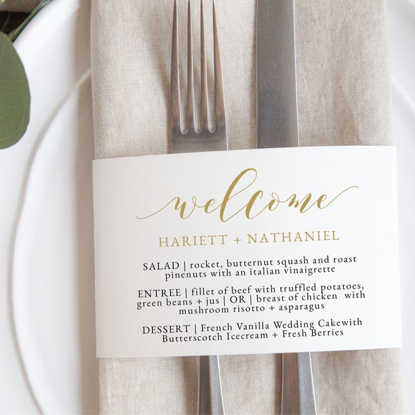 Gold Napkin Ring Menu Template - Wedding Wrap Menu, Wedding Napkin Menu Wrap-SN029_NMG