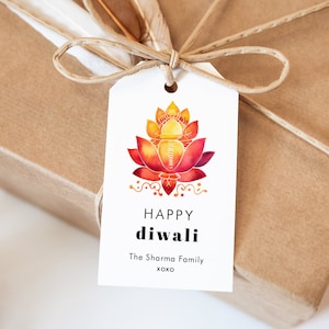 Diwali Lotus Gift Tags, Editable Deepawali Gift Tags, Lakshmi Indian Festival of lights celebration, Printable Indian Holiday Tag, SN050_HGT