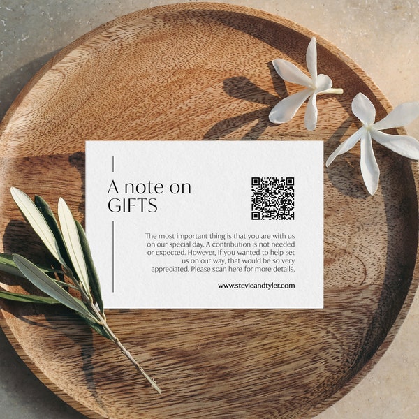 A Note on Gifts Insert, Chic Honeymoon Fund with QR Code, QR Gifts Enclosure, Simple Elegant Cash Registry Insert, Wedding Present, SN250_GQ