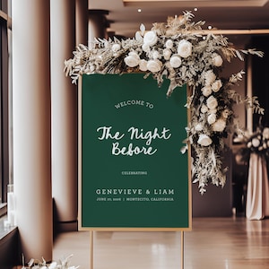Letrero de cena de ensayo, bienvenida la noche anterior, letrero de invitados verde bosque, imprimible para el lugar de la boda previa, cena del novio, SN1200G_R