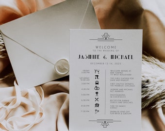 Gatsby Wedding Timeline, Editable Timeline, Art Noveau Wedding Schedule Printable, Order of Service Card, Art Deco Timeline, SN200_TL