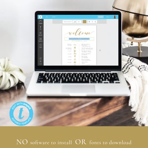 May include: A laptop computer displaying a wedding welcome sign template with the text "welcome Susanna & Johnny September 21, 2019". The sign includes a list of wedding events with icons. The laptop is on a wooden table with a globe and a white blanket in the background. The text "EDIT WITH Lemplet t EDITABLE TEMPLATE" is on a blue circle in the lower left corner of the image. The text "NO software to install OR fonts to download" is in gold text at the bottom of the image.
