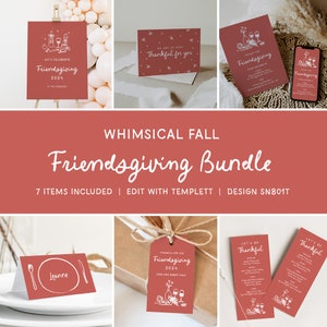 Friendsgiving Illustrated Stationery Bundle, Whimsical Fall Set - Menus, Place Cards, Welcome Sign, Gift Tags, Invites & more, SN801T_TB