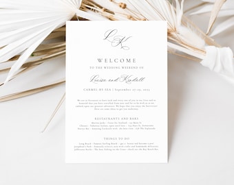 Calligraphy Monogram Wedding Welcome Bag Card, Information Insert for Guests, Romantic Template for Wedding Weekend Hotel Kit, SN080_WC
