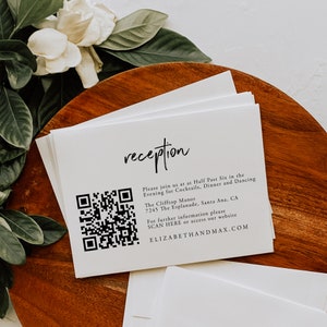 May include: A white card with black text that reads "reception". The card also includes a QR code and the text "Please join us at at Half Past Six in the Evening for Cocktails, Dinner and Dancing The Clifftop Manor 7245 The Esplanade, Santa Ana, CA For further information please SCAN HERE or access our website ELIZABETHANDMAX.COM".