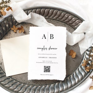 Modern Initials QR Code Couples Shower Invitation Template, Monogram Scan to RSVP Card, Let's Shower with Online RSVP Download, SN015M_CSQ