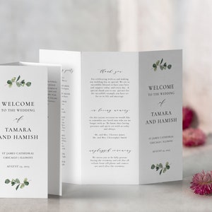 Eucalyptus Tri-Fold Wedding Program, Greenery TriFold, Detailed Wedding Program, Program for Catholic and Jewish Weddings, SN014F_TP