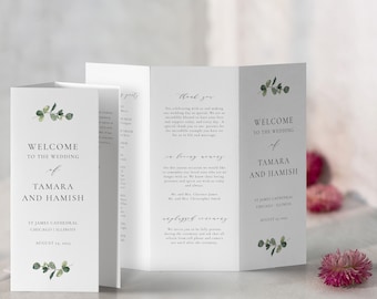 Eucalyptus Tri-Fold Wedding Program, Greenery TriFold, Detailed Wedding Program, Program for Catholic and Jewish Weddings, SN014F_TP