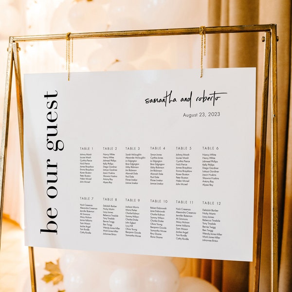 Modern Bold Seating Chart Template, Minimalist Script Seating by Table Number, Seating, Editable Be Our Guest Sign Templett, SN095B_SCA