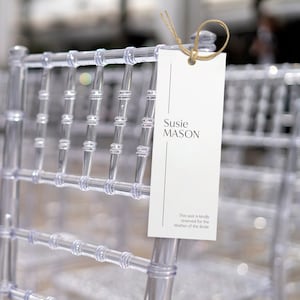 Etiqueta de silla de boda, plantilla de asientos de ceremonia, tarjeta reservada de silla simple elegante, signo reservado editable, etiqueta de asiento reservado, SN250_CT
