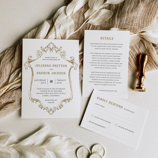 Gold Baroque Wedding Invitation Suite, Art Noveau Invite, Details and RSVP, Ornate Vintage Gold Invite Set with a Hand Drawn Frame, SN1100_S