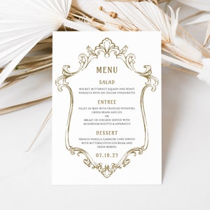 Menu weselne w stylu secesyjnym, ręcznie rysowana rama w stylu vintage gold, złoty ozdobny szablon bufetu w stylu wiktoriańskim do edycji, romantyczne natychmiastowe pobieranie, SN1100_M