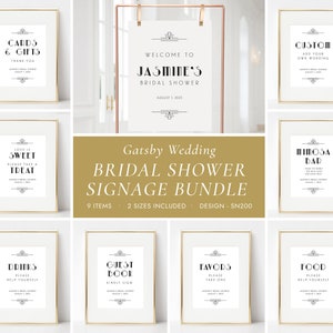 Gatsby Bridal Shower Signs Bundle, Art Deco Welcome, Cards and Gifts, Guestbook, Food and Drinks, Favor, Mimosa Bar, Sweet Treat, SN200_BSSB
