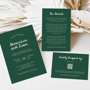 Forest Green Invitation Suite, Quirky Hand Written Calligraphy Invite, Details and QR Code RSVP, Winter and Fall Wedding, SN1200G_WS
