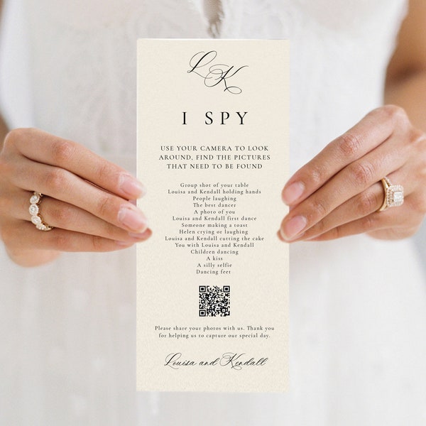 Calligraphy Monogram I Spy with QR Code, Guest Photo Sharing, Wedding Game Card, Wedding Photo Share QR, I spy Photo Share, SN080_PSQ