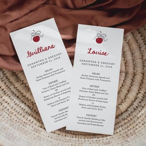 Modèle de menu de mariage de nom d'invité rouge cerise, menu nommé manuscrit de noeud de cerise, menu de carte de visite, cerise sur des menus, SN799_M