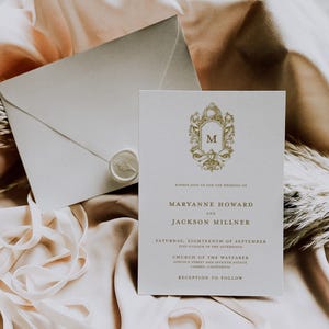 Vintage Gold Wedding Invitation, Monogram Crest, Gold Ornate Rococo Editable Invite, Romantic Baroque Instant Download, SN1050G_W