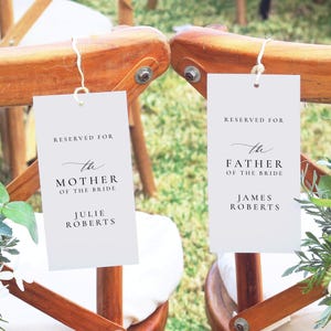 Etiqueta de cadeira de casamento, modelo de assento de cerimônia minimalista clássico, cartão de cadeira reservada, placa de reserva editável, etiqueta de assento, SN105_CT
