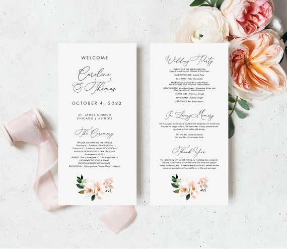 Wedding programs PRINTED or PRINTABLE template Blush floral wedding ceremony program Catholic order of service