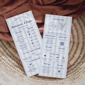 May include: A blue and white striped wedding program with a timeline of events, a list of important people, and a map showing where the guests came from. The program also includes a QR code, a quote from the couple, and a timeline of their love story.