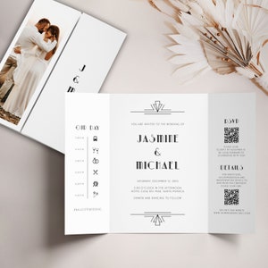 Gatsby Gatefold Wedding Invitation with QR Code, Art Deco Folded Invitation, Gate-fold Invite with Icons, Jazz Age Gate Fold, SN200_GFQ