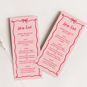 Wunderliches Hochzeitsmenü, handgeschriebene Vorlage aus Beere und Rosa, gewelltes Band, Kokette Bogenrand, Retro-Buffetmenü mit bearbeitbarer Farbe, SN800_M