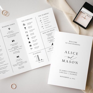 May include: A wedding invitation with a white background and black text. The invitation includes the names "Alice and Mason", the date "November 14, 2025", and the location "St. James Cathedral, Chicago, Illinois".