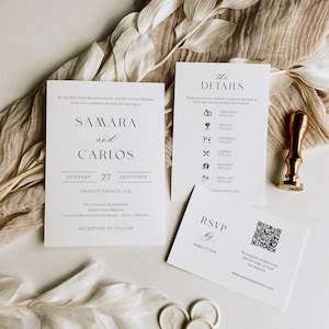 以下が含まれることがあります： メインの招待状、詳細カード、RSVPカードを備えたエレガントなウェディング招待状スイート。デザインは、白い背景に黒いテキストを使用したミニマリストです。金のワックスシールも存在します。