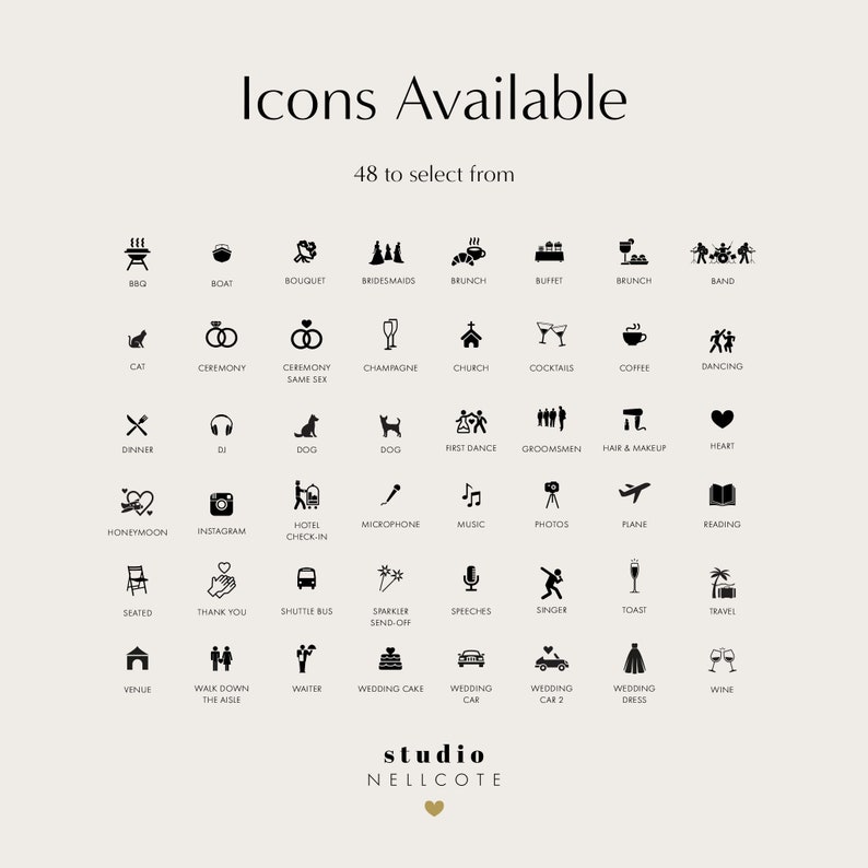 May include: A black and white graphic design sheet with 48 icons representing different wedding events and activities. The icons are arranged in a grid pattern and include images such as a wedding cake, a church, a champagne glass, a microphone, a wedding dress, and a plane.