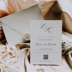 May include: A white wedding invitation with black calligraphy font announcing the engagement of Louisa and Kendall. The invitation includes the date, time, and location of the event, as well as a QR code for RSVP.