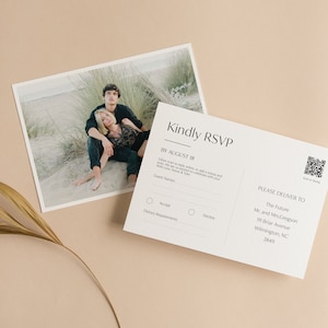Antwortkarte mit QR Code, Moderne Antwortkarte, online oder per Mail antworten, Foto Postkarte, Minimalistische Chic QR Code Postkarte, SN250_PCQ