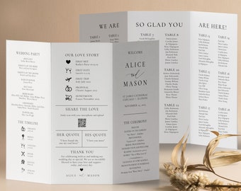 May include: A wedding program with a gray background and black text. The program includes the wedding party, the timeline of the wedding day, the couple's love story, and the seating chart. The program also includes a QR code for guests to scan and view the wedding website.