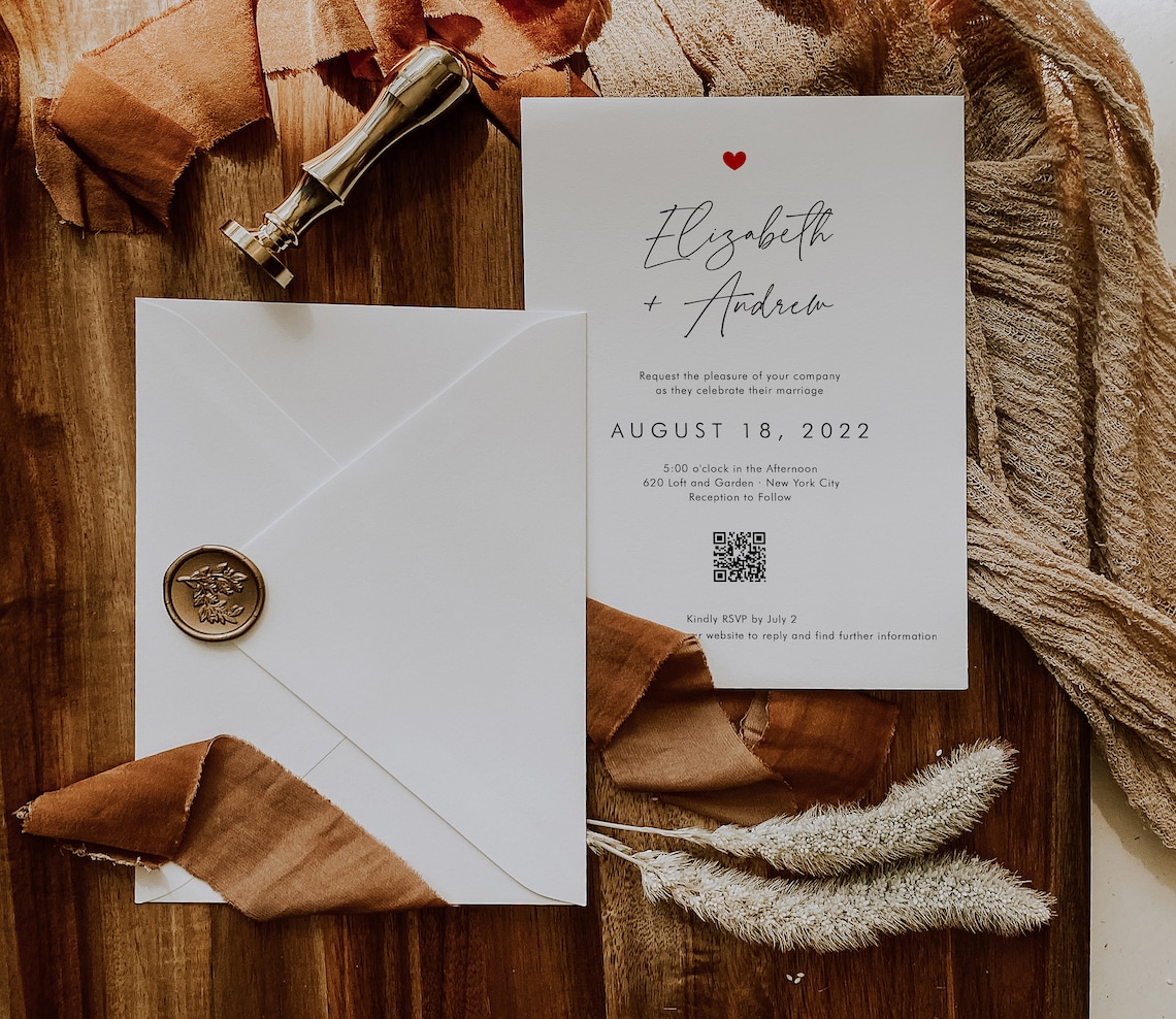 QR Code Wedding Invitation With Modern Heart Qr Code Rsvp Etsy UK