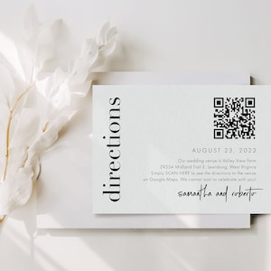 Modern Bold Directions Card with QR Code, Minimalist Script Printable Location Enclosure Template, Google Maps Link Insert , SN095B_DQR