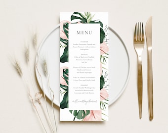 May include: A wedding menu with a tropical theme. The menu is printed on white cardstock with a green and pink floral design. The menu includes a starter, entree, and dessert. The text on the menu reads: "MENU, STARTER, Rocket, Butternut Squash and Roast Pinners with an Italian Vinaigr, ENTREE, Filles of Beef with Trulled Potatoes, Green Beans and Jes, Breas of Chicken served with Mushroom Risoста and Fresh Asparages, Fillet of Salmon with Pommes Frites, Pesce and Garlic Aioli, DESSERT, French Vanilla Wedding Cake served with Ba Icecream and Ford Berties, #ellundtingitaurind"