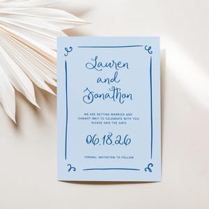 Blue Save the Date Card, Squiggly Calligraphy Handwritten Style with Wavy Border, Whimsical and Retro Digital Editable Template, SN300_STD