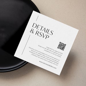 Vierkante RSVP en details QR-code insteekkaart, minimalistische responskaart, chique bruiloftsinformatie, reageer online kaart, SN250_SRQR