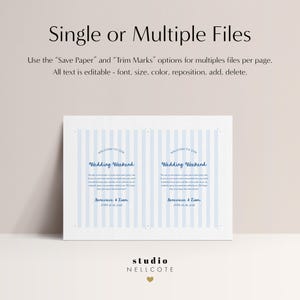 Pode incluir: Dois cart&otilde;es de boas-vindas para um fim de semana de casamento em azul e branco listrado com o texto "Bem-vindos ao nosso fim de semana de casamento" e os nomes "Benevieve & Liam" e a data "18 de junho de 2023".