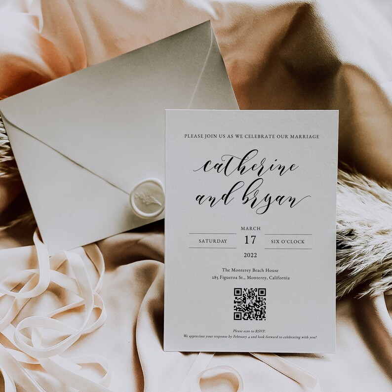 Classic Calligraphy QR Code Wedding Invitation Template Etsy UK