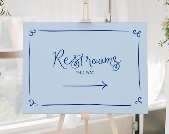 Fun Restrooms This Way Sign, Wedding Bathrooms Directions, Quirky Hand Drawn Printable, Wavy Border Sign, Vibrant Arrow Poster, SN300_C