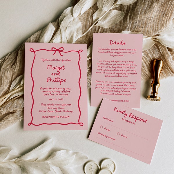 Wavy Whimsical Wedding Invitation Suite, Berry and Pink Handwritten Details and RSVP, Retro Invite Set with a Ribbon Bow Border, SN800_WS