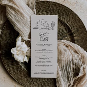 Wüsten-Hochzeitsmenü, moderne westliche Hochzeitsvorlage, handgezeichnetes Berg- und Kaktus-Buffet-Menü mit bearbeitbarer Farbe, SN020W_M