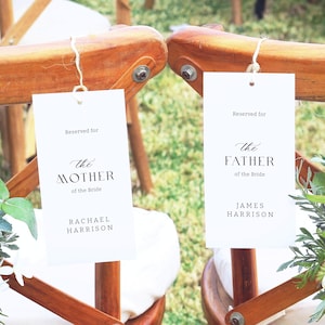 Etiqueta para silla de boda, plantilla de asientos para ceremonia minimalista romántica, tarjeta de reserva de silla, letrero de reserva editable, etiqueta de asiento, SN999_CT