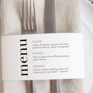 Modern Bold Napkin Wrap Menu, Elegant Napkin Ring Menu, Minimalist Wedding Napkin Menu Wrap, Menu Wrap Around Template, SN095B_N