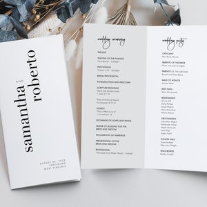 May include: A wedding ceremony programme with the names Samantha and Roberto printed in black on a white background. The programme lists the order of events for the ceremony and reception, including the seating of the families, the processional, the bridal processional, the introduction and welcome, scripture readings, the homily, the exchange of vows and rings, the prayer of blessing for the bride and groom, the declaration of marriage, the presentation of the bride and groom, the recessional, and the wedding party.