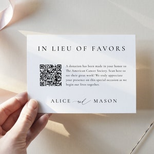 In Lieu of Favors QR Code Card, Classic Minimalist Charity Donation Card with QR Code Template, Charity Favor, Wedding Donation, SN105_ILQR