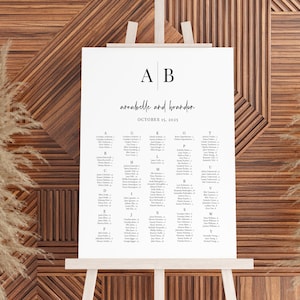 May include: A wedding seating chart with a white background and black text. The chart is titled "Annabelle and Brandon" and the date "October 15, 2025". The chart is divided into alphabetical sections, with each section listing names and table numbers.